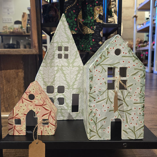 Printed Paper Mache Houses w/ Berry and Tree Patterns