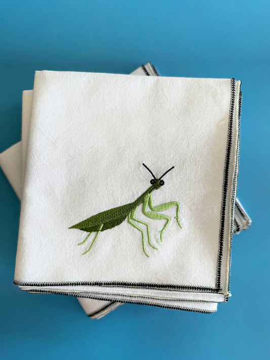 Love Bug Kitchen Towel, embroidered: Praying Mantis