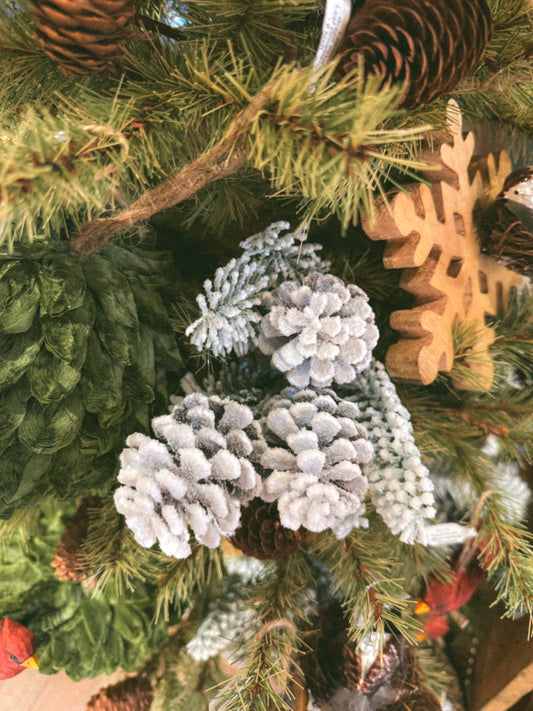 16" Flocked Fir & 3 Pinecone Stem