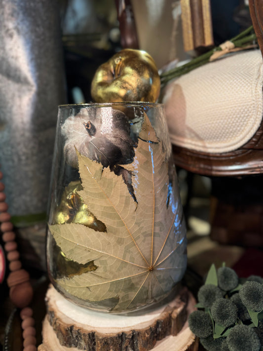 Hand-Blown Glass Hurricane with Papaya Leaves