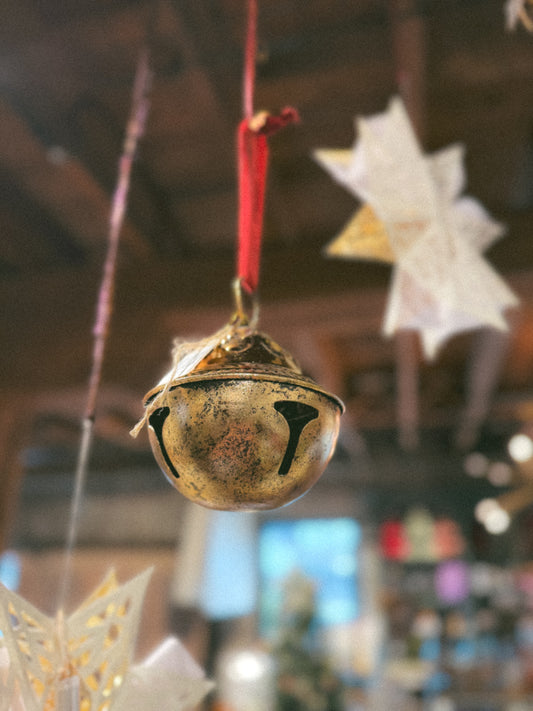 Metal Sleigh Bell with Velvet Ribbon, Gold Finish