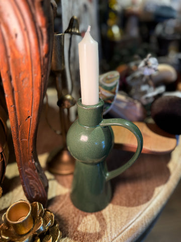 Green Stoneware Taper Holder w/ Handle