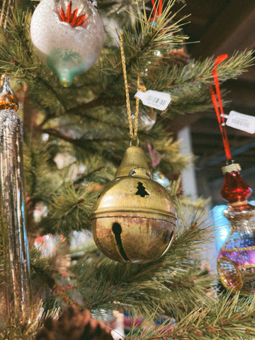 Distressed Metal Bell Ornament w/ Tree Cut Outs