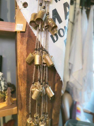 28" Hanging Metal Bells with Wood Beads and Jute Rope