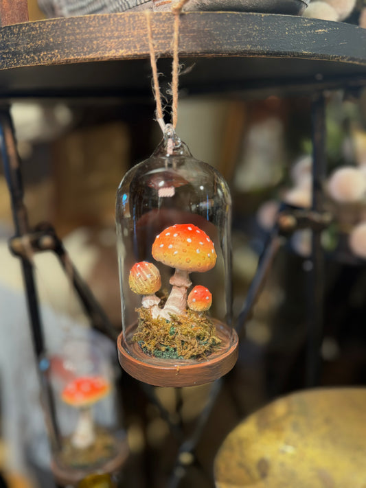 Glass Cloche Ornament w/ Resin Mushrooms