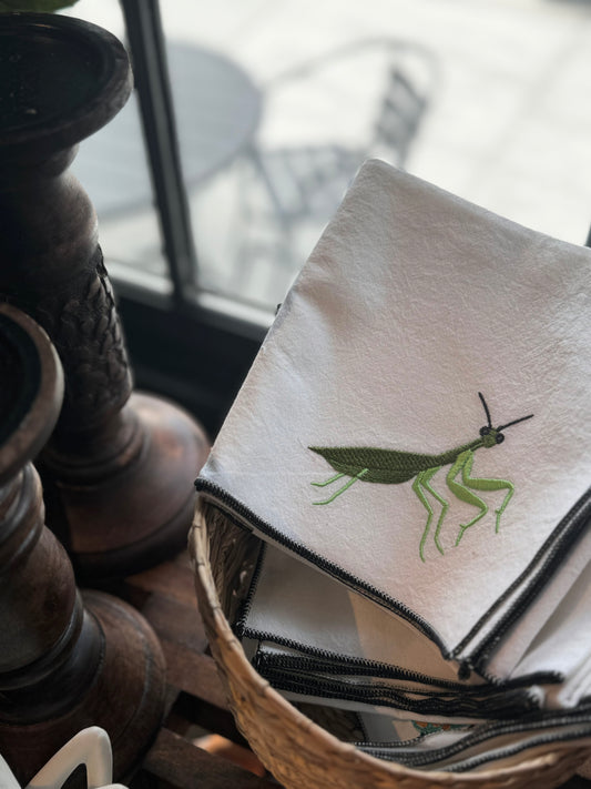 Love Bug Kitchen Towel, embroidered: Praying Mantis