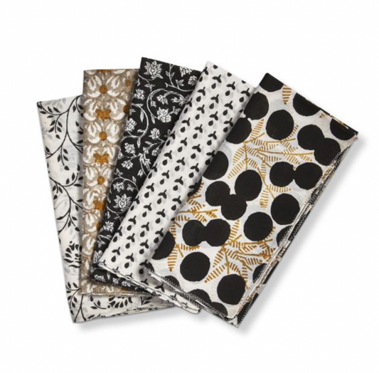 Black & Cream Block Print Napkins, Multi - Set of 5