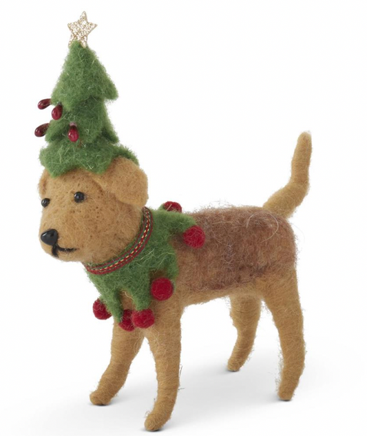 6" Brown Wool Dog w/ Tree Hat