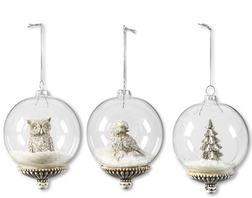 4.5" Round Glass Ornaments w/ Resin Woodland Animals