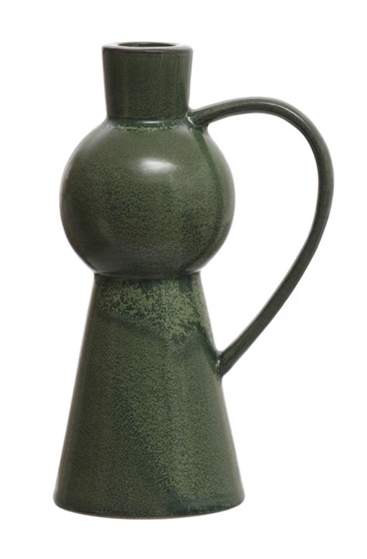 Green Stoneware Taper Holder w/ Handle