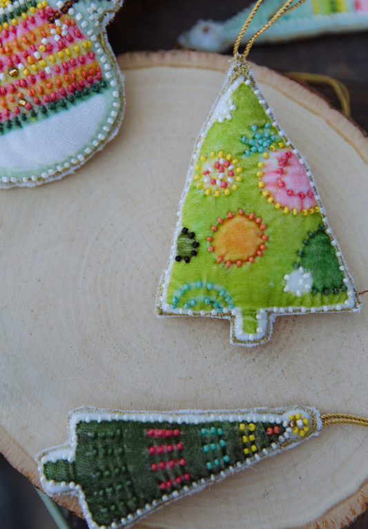 Cotton Velvet Christmas Tree Ornament w/ Embroidery & Glass Beads