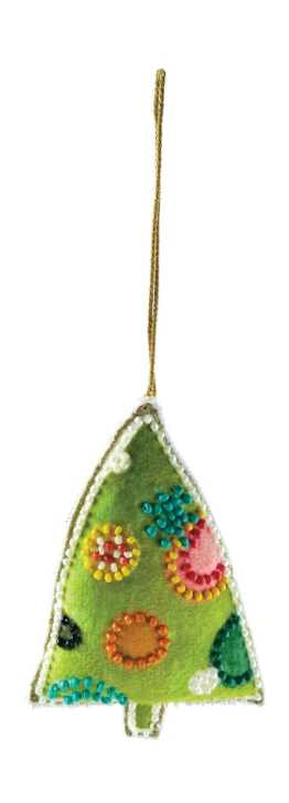 Cotton Velvet Christmas Tree Ornament w/ Embroidery & Glass Beads