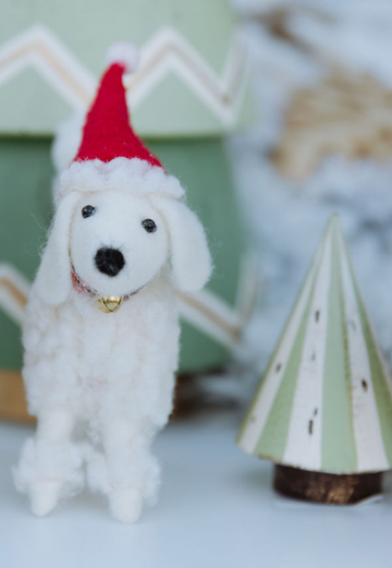 6" White Wool Dog w/ Santa Hat