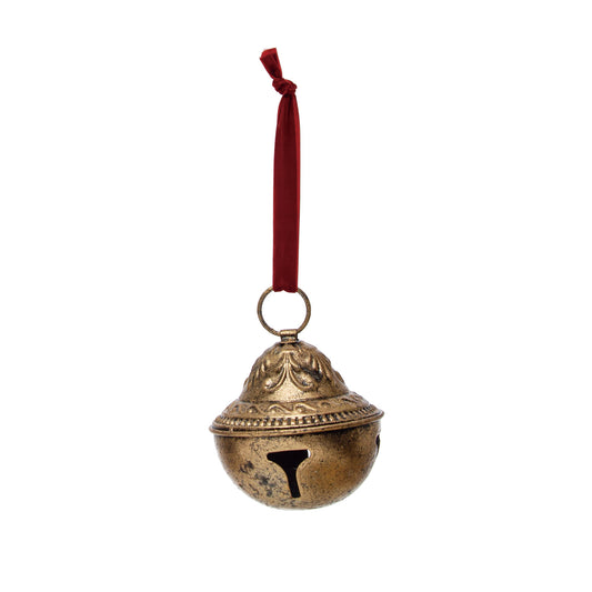 Metal Sleigh Bell with Velvet Ribbon, Gold Finish