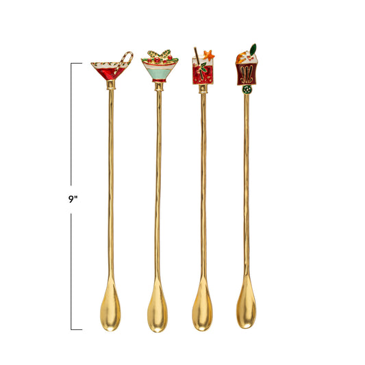 9"L Zinc Alloy Cocktail Spoon w/ Enameled Beverage