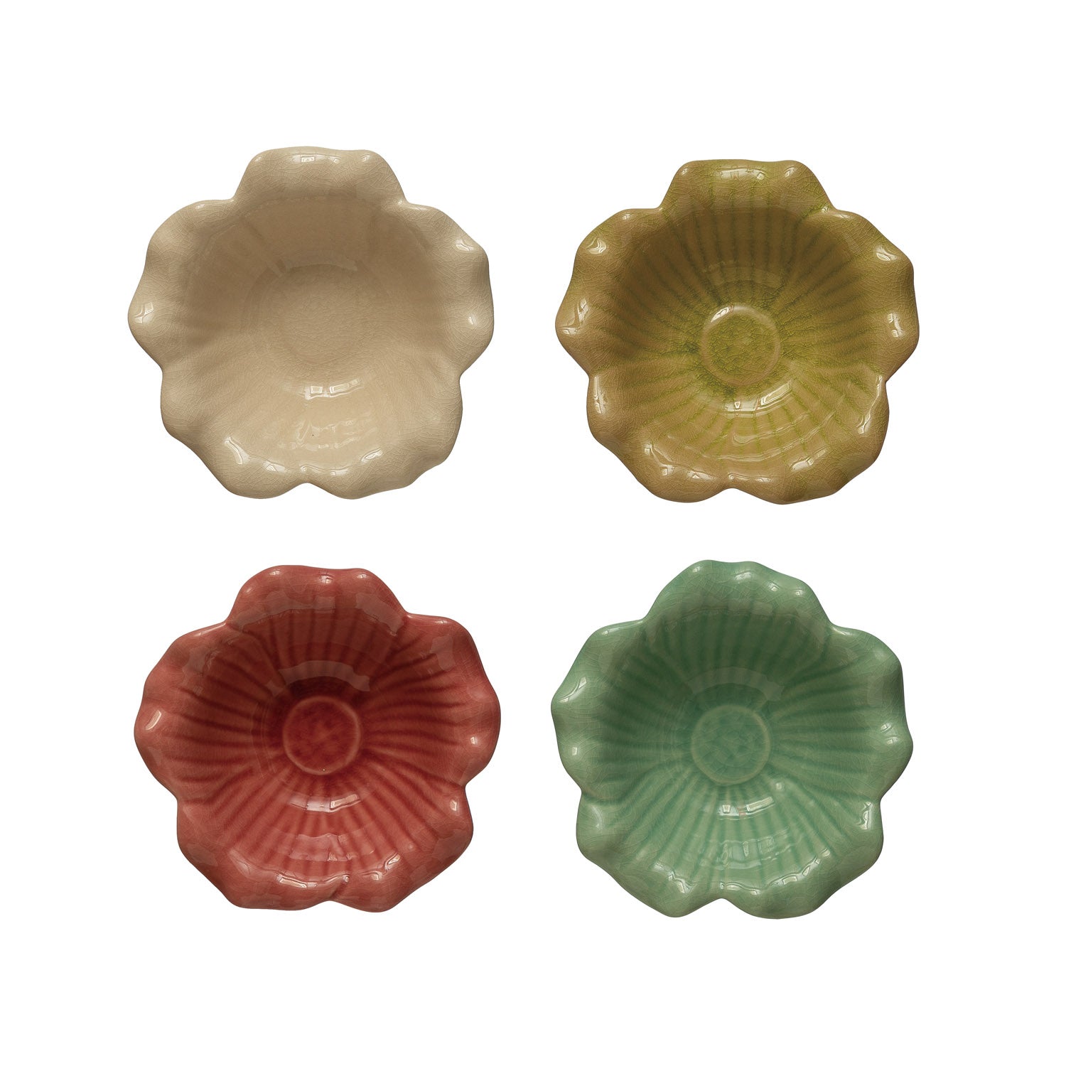 Debossed Stoneware Flower Bowl, Crackle Glaze, 4 Colors