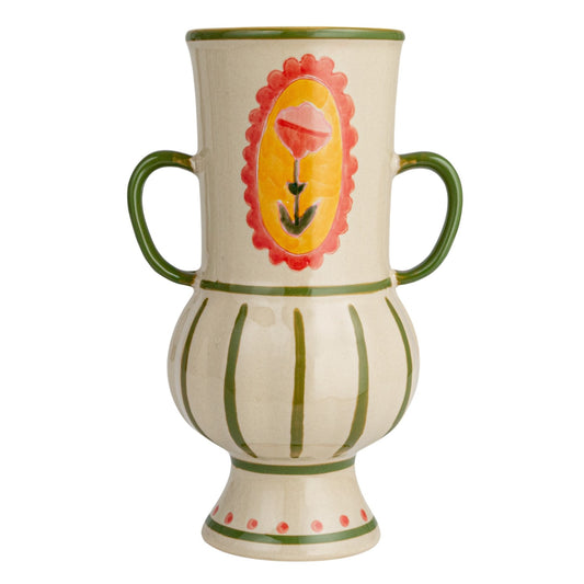 Hand-Painted Stoneware Urn w/ Flower, Stripes & Handles ©