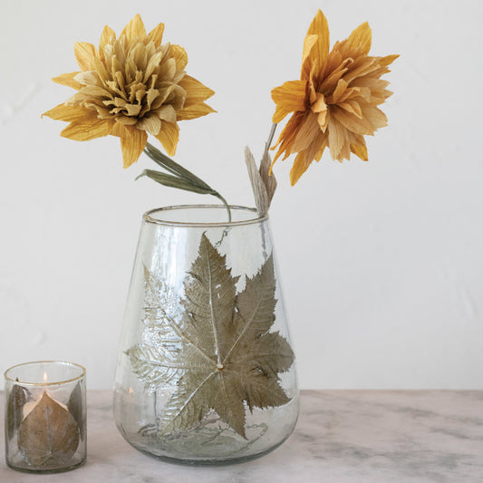 Hand-Blown Glass Hurricane with Papaya Leaves